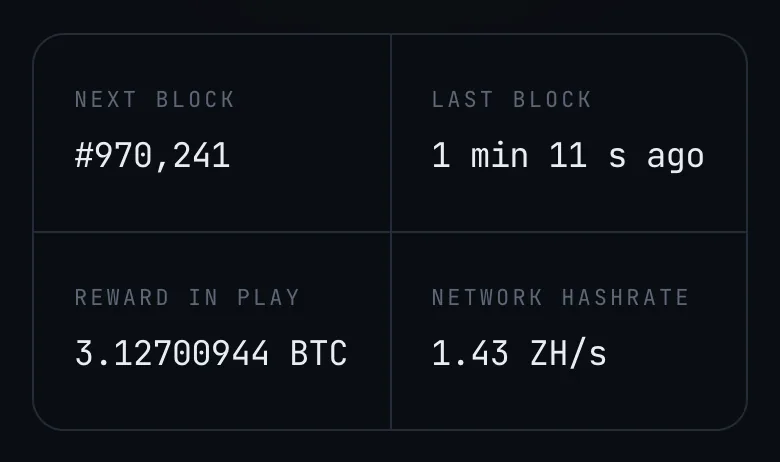 Home page: block height, time since the last block, reward at stake and network hashrate, live.
