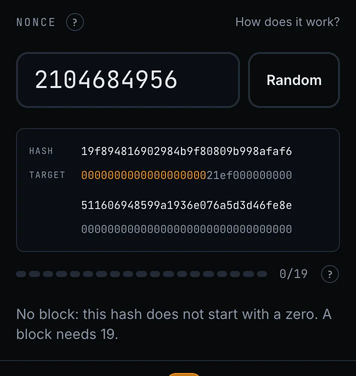 Manual tab: a nonce field with a Random button, then the resulting hash above the target and a gauge of leading zeros.
