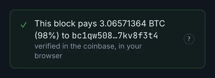 Details panel: a green check confirming that the candidate block pays 98% of the reward to the payout address.